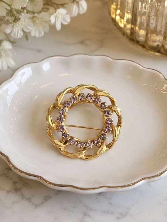 Jewelry - Gold Circle Brooch with Lavender Crystals